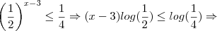 {\left(\frac{1}{2} \right)} ^{x - 3} \leq \frac{1}{4}\Rightarrow(x - 3) log(\frac{1}{2}) \leq log(\frac{1}{4})\Rightarrow
