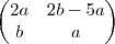 \begin{pmatrix}
2a & 2b-5a \\
b & a \\
\end{pmatrix} \begin{pmatrix}
2a & 2b-5a \\
b & a \\
\end{pmatrix}