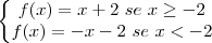 \left\{\begin{matrix}
f(x)=x+2\ se\ x\geq -2 & \\ 
f(x)=-x-2\ se\ x<-2 & 
\end{matrix}\right.