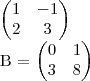 \begin{pmatrix}
   1 & -1  \\ 
   2 &  3
\end{pmatrix}

B = 
\begin{pmatrix}
   0 & 1  \\ 
   3 & 8 
\end{pmatrix}