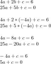 \\
4a+2b+c=6\\
25a+5b+c=0\\
\\
4a+2*(-4a)+c=6\\
25a+5*(-4a)+c=0\\
\\
4a-8a+c=6\\
25a-20a+c=0\\
\\
-4a+c=6\\
5a+c=0\\
\\