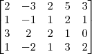 \begin{bmatrix} 
2 & -3 & 2 & 5 & 3\\
1 & -1 & 1 & 2 & 1\\
3 & 2 & 2 & 1 & 0\\
1 & -2 & 1 & 3 & 2 \end{bmatrix}