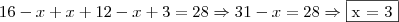 16 - x + x + 12 - x + 3 = 28 \Rightarrow 31 - x = 28 \Rightarrow \fbox {x = 3}