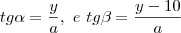 tg\alpha = \frac{y}{a},\ e\ tg\beta=\frac{y-10}{a}