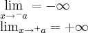 \lim_{x\rightarrow ^-  a} = - \infty

\lim_{x \rightarrow ^+ a} = + \infty
