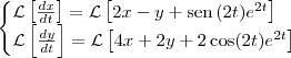 \begin{cases}
{\cal L}\left[\frac{dx}{dt}\right] = {\cal L}\left[2x - y + \textrm{sen}\,(2t)e^{2t}\right] \\
{\cal L}\left[\frac{dy}{dt}\right] = {\cal L}\left[4x + 2y + 2\cos(2t)e^{2t}\right] \\
\end{cases}