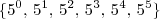 \{5^0,\, 5^1,\, 5^2,\, 5^3,\, 5^4,\, 5^5\}