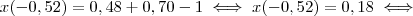 x(-0,52) = 0,48 + 0,70  - 1 \iff x(-0,52) = 0,18 \iff