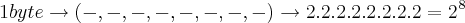 1 byte\rightarrow (-,-,-,-,-,-,-,-)\rightarrow 2.2.2.2.2.2.2.2={{2}^{}}^{8}