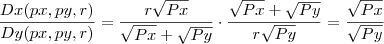 \frac{Dx(px,py,r)}{Dy(px,py,r)} = \frac{r \sqrt {Px}} {\sqrt {Px} + \sqrt {Py}} \cdot \frac{\sqrt {Px} + \sqrt {Py}} {r \sqrt {Py}} = \frac {\sqrt {Px}}{\sqrt {Py}}