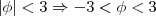 \left| \phi \right| < 3 \Rightarrow -3 < \phi < 3 \left| \phi \right| < 3 \Rightarrow -3 < \phi < 3