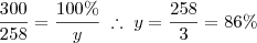 \frac{300}{258} = \frac{100\%}{y} \; \therefore \; y = \frac{258}{3} = 86\%