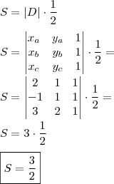 \\ S = |D| \cdot \frac{1}{2} \\\\ S = \begin{vmatrix}x_a & y_a & 1 \\ x_b & y_b & 1 \\ x_c & y_c & 1 \end{vmatrix} \cdot \frac{1}{2} = \\\\ S = \begin{vmatrix}2 & 1 & 1 \\ - 1 & 1 & 1 \\ 3 & 2 & 1 \end{vmatrix} \cdot \frac{1}{2} = \\\\ S = 3 \cdot \frac{1}{2} \\\\ \boxed{S = \frac{3}{2}}
