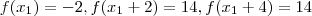 f(x_1) = -2 ,  f(x_1 + 2 ) = 14 , f(x_1 + 4) = 14