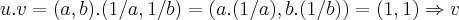 u.v=(a,b).(1/a,1/b)=(a.(1/a),b.(1/b))=(1,1)\Rightarrow
v