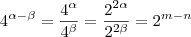 4^{\alpha-\beta} = \frac{4^{\alpha}}{4^{\beta}} = \frac{2^{2\alpha}}{2^{2\beta}} = 2^{m-n}