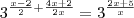 3^{\frac{x-2}{2} + \frac{4x+2}{2x}} = 3^\frac{2x+5}{x} 3^{\frac{x-2}{2} + \frac{4x+2}{2x}} = 3^\frac{2x+5}{x}