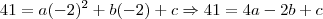 41=a(-2)^2+b(-2)+c \Rightarrow 41 = 4a -2b + c 41=a(-2)^2+b(-2)+c \Rightarrow 41 = 4a -2b + c