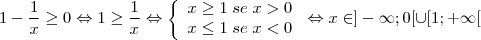 1-\dfrac{1}{x}\geq 0 \Leftrightarrow 1 \geq \dfrac{1}{x} \Leftrightarrow \left \{\begin{array}{l}x\geq 1\;se\;x> 0\\x\leq 1\;se\;x< 0 \end{array} \right\Leftrightarrow x\in ]-\infty;0[\cup[1;+\infty[