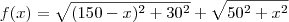 f(x) =  \sqrt{ (150 - x)^2 +30^2} + \sqrt{50^2 + x^2 }