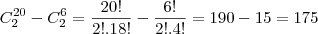 C_2^{20}-C_2^6=\frac{20!}{2!.18!}-\frac{6!}{2!.4!}=190-15=175