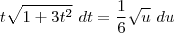 t \sqrt{1+3t^2} \ dt = \frac{1}{6} \sqrt{u} \ du