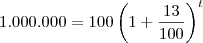 1.000.000 = 100\left(1+\frac{13}{100}\right)^t 1.000.000 = 100\left(1+\frac{13}{100}\right)^t