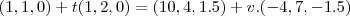 (1,1,0)+t(1,2,0)=(10,4,1.5)+v.(-4,7,-1.5) (1,1,0)+t(1,2,0)=(10,4,1.5)+v.(-4,7,-1.5)