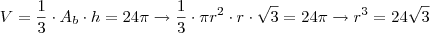 V = \frac{1}{3} \cdot A_b \cdot h = 24 \pi \rightarrow \frac {1}{3} \cdot \pi r^2 \cdot r \cdot \sqrt{3} = 24 \pi \rightarrow r^3 = 24 \sqrt{3}