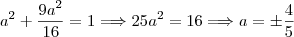 a^2+\dfrac{9a^2}{16}=1\Longrightarrow 25a^2=16\Longrightarrow a=\pm \dfrac{4}{5} a^2+\dfrac{9a^2}{16}=1\Longrightarrow 25a^2=16\Longrightarrow a=\pm \dfrac{4}{5}