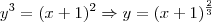 y^3=(x+1)^2\Rightarrow y = (x+1)^\frac{2}{3} y^3=(x+1)^2\Rightarrow y = (x+1)^\frac{2}{3}