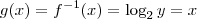 g(x) = f^{-1}(x) = \log_2 y = x g(x) = f^{-1}(x) = \log_2 y = x