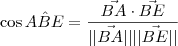 \cos A\hat{B}E = \frac{\vec{BA}\cdot \vec{BE}}{||\vec{BA}||||\vec{BE}||}