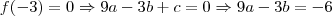 f(-3) = 0 \Rightarrow 9a-3b+c = 0 \Rightarrow 9a-3b = -6 f(-3) = 0 \Rightarrow 9a-3b+c = 0 \Rightarrow 9a-3b = -6