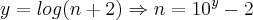 y=log(n+2)\Rightarrow n=10^y-2