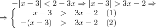 -|x-3|<2-3x \Rightarrow |x-3|>3x-2 \Rightarrow \\ \Rightarrow \left \{\begin{array}{rclc}
x-3 & > & 3x-2 &(1)\\
-(x-3) & > & 3x-2 &(2)\\
\end{array}\right