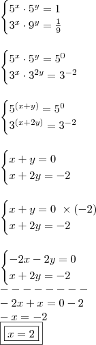 \\\begin{cases} 5^x \cdot 5^y = 1 \\ 3^x \cdot 9^y = \frac{1}{9} \end{cases} \\\\\\ \begin{cases} 5^x \cdot 5^y = 5^0 \\ 3^x \cdot 3^{2y} = 3^{- 2} \end{cases} \\\\\\\begin{cases} 5^{(x + y)} = 5^0 \\ 3^{(x + 2y)} = 3^{- 2} \end{cases} \\\\\\ \begin{cases} x + y = 0 \\ x + 2y = - 2 \end{cases} \\\\\\ \begin{cases} x + y = 0 \,\, \times (- 2) \\ x + 2y = - 2 \end{cases} \\\\\\  \begin{cases} - 2x - 2y = 0 \\ x + 2y = - 2 \end{cases} \\ -------- \\ - 2x + x = 0 - 2 \\ - x = - 2 \\ \boxed{\boxed{x = 2}}