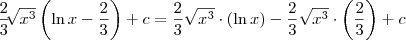 \frac{2}{3}\sqrt[]{{x}^{3}}\left(\ln x-\frac{2}{3}\right)+c = \frac{2}{3}\sqrt{{x}^{3}}\cdot (\ln x)- \frac{2}{3}\sqrt{{x}^{3}} \cdot \left(\frac{2}{3}\right)+c