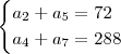 \begin{cases}a_2+a_5=72\\a_4+a_7=288\end{cases}