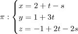 \pi : \begin{cases} x= 2 +t -s \\ y=1+3t \\ z =-1 +2t -2s \end{cases}