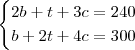 \begin{cases}2b + t + 3c = 240 \\ b + 2t + 4c = 300 \end{cases}