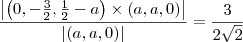 \frac{\left|\left(0,-\frac{3}{2},\frac{1}{2}-a\right)\times\left(a,a,0\right)\right|}{|(a,a,0)|}=\frac{3}{2\sqrt2} \frac{\left|\left(0,-\frac{3}{2},\frac{1}{2}-a\right)\times\left(a,a,0\right)\right|}{|(a,a,0)|}=\frac{3}{2\sqrt2}