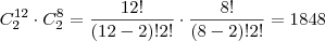 C_2^{12} \cdot C_2^{8} = \frac{12!}{(12-2)!2!} \cdot \frac{8!}{(8-2)!2!} = 1848