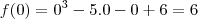 f(0)=0^3-5.0-0+6=6 f(0)=0^3-5.0-0+6=6