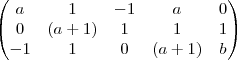 \begin{pmatrix}
a & 1 & -1 & a & 0 \\
0 & (a+1) & 1 & 1 & 1 \\
-1 & 1 & 0 & (a+1) & b
\end{pmatrix} \begin{pmatrix}
a & 1 & -1 & a & 0 \\
0 & (a+1) & 1 & 1 & 1 \\
-1 & 1 & 0 & (a+1) & b
\end{pmatrix}