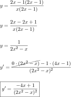\\ y = \frac{2x - 1(2x - 1)}{x(2x - 1)} \\\\\\ y = \frac{2x - 2x + 1}{x(2x - 1)} \\\\\\ y = \frac{1}{2x^2 - x} \\\\\\ y' = \frac{\cancel{0 \cdot (2x^2 - x)} - 1 \cdot (4x - 1)}{(2x^2 - x)^2} \\\\\\ \boxed{y' = \frac{- 4x + 1}{(2x^2 - x)^2}}