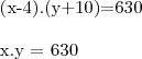 \begin{align}

   (x-4).(y+10)&=630
   \\
 
          x.y &= 630 
\end{align}