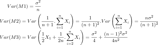 Var(M1) = \frac{\sigma^2}{n} \\
\\
Var(M2) = Var\left(\frac{1}{n+1}.\sum_{i=1}^{n} X_i\right)=\frac{1}{(n+1)^2}.Var \left(\sum_{i=1}^{n} X_i \right)=\frac{n\sigma^2}{(n+1)^2} \\
\\
Var(M3) = Var \left( \frac{1}{2}X_1+\frac{1}{2n}.\sum_{i=2}^{n} X_i \right) =\frac{\sigma^2}{4}+\frac{(n-1)^2 \sigma^2}{4n^2}
