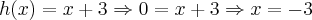 h(x) = x + 3 \Rightarrow 0=x+3 \Rightarrow x=-3 h(x) = x + 3 \Rightarrow 0=x+3 \Rightarrow x=-3