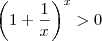 \left(1+\frac{1}{x}\right)^x > 0 \left(1+\frac{1}{x}\right)^x > 0